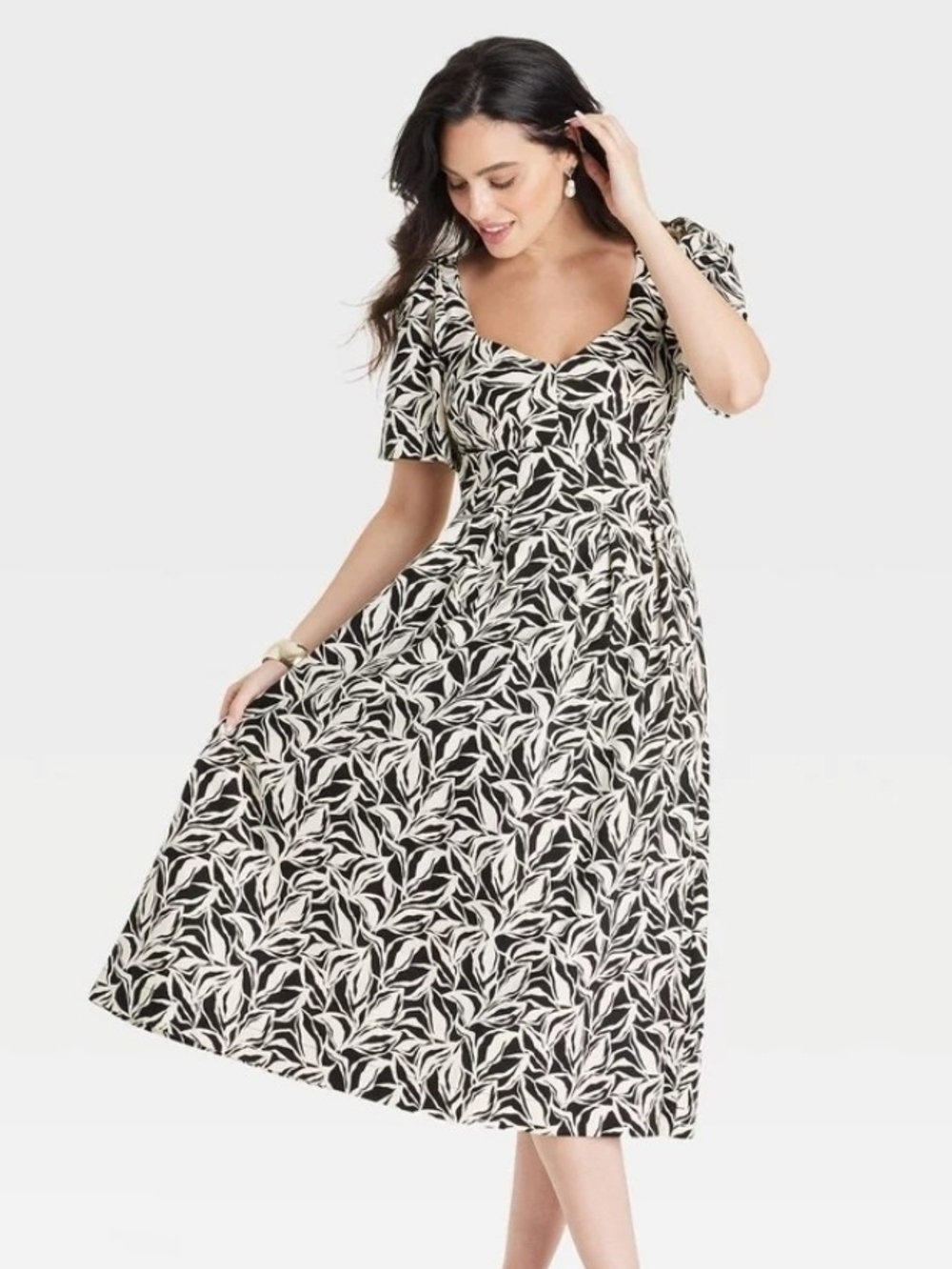 A New Day Elegant Black & Cream Leaf-Print Midi Dress